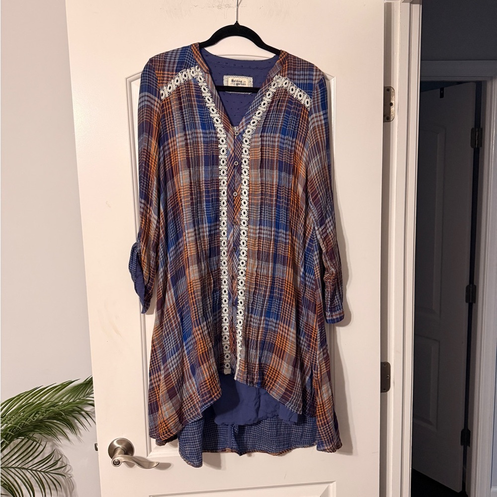 Holding Horses Multicolor Plaid Tunic with Lace Detail